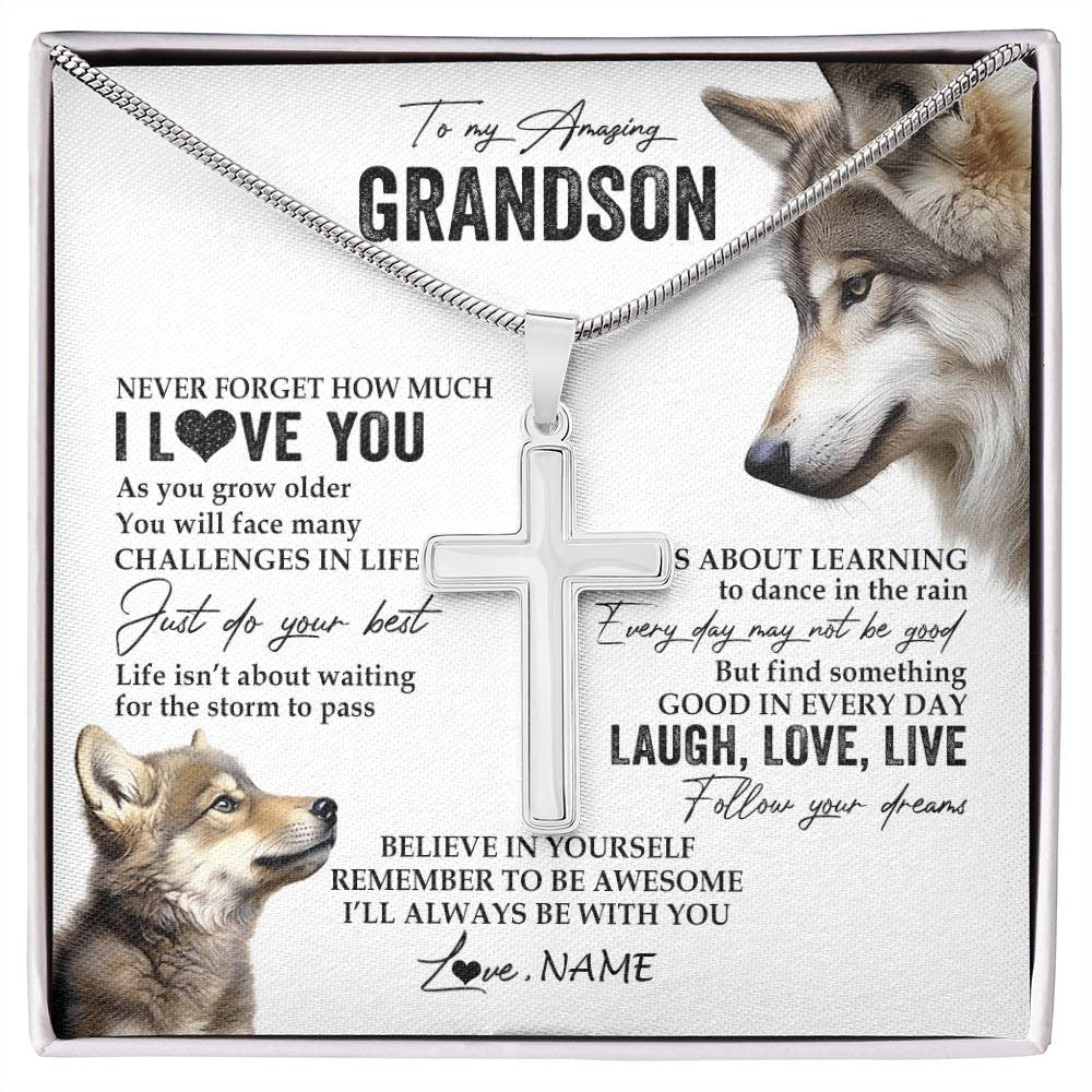 Stainless Cross Necklace Stainless Steel | 1 | Personalized To My Grandson Necklace From Grandma Papa Just Do You Best Laugh Love Live Wolf Grandson Birthday Christmas Customized Gift Box Message Card | siriusteestore