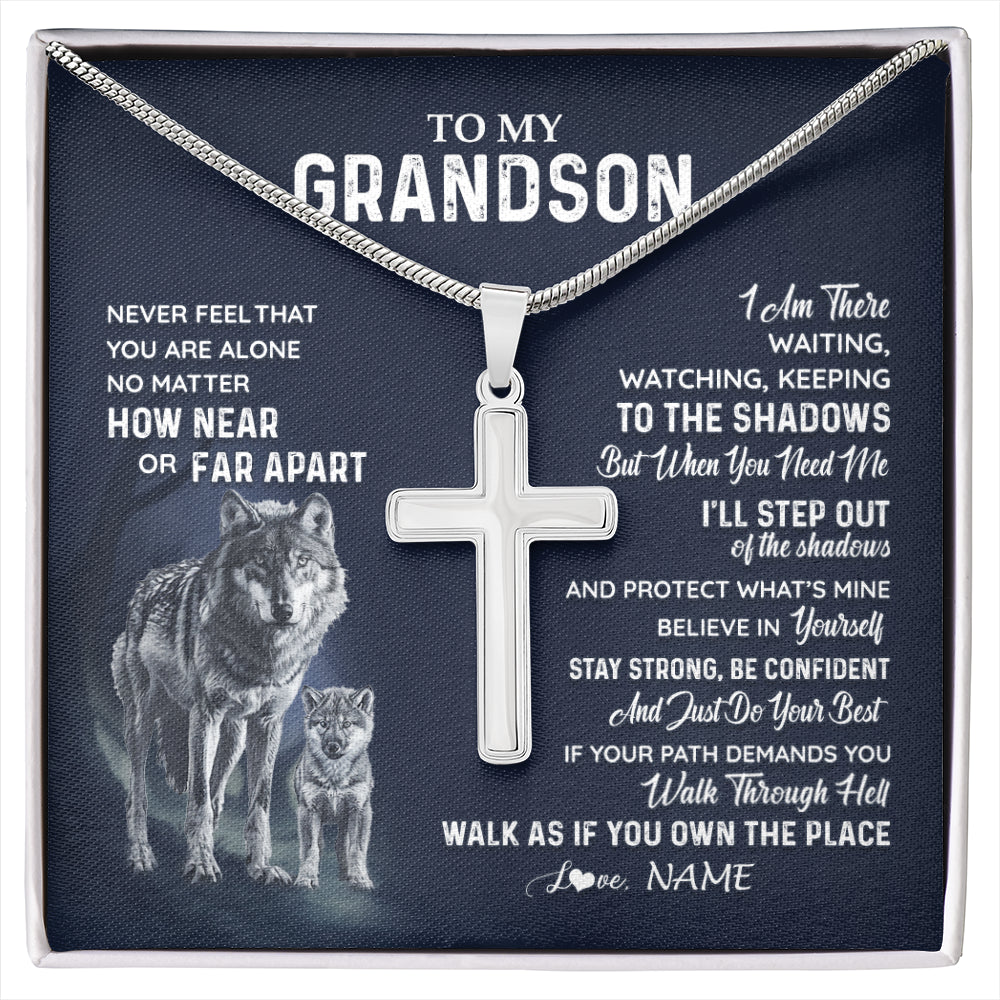 Stainless Cross Necklace Stainless Steel | 1 | Personalized To My Grandson Necklace From Grandma Papa Never Feel You Are Alone Wolf Grandson Birthday Graduation Christmas Customized Gift Box Message Card | siriusteestore