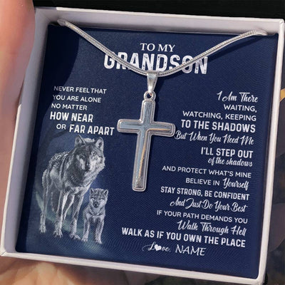 Stainless Cross Necklace Stainless Steel | 2 | Personalized To My Grandson Necklace From Grandma Papa Never Feel You Are Alone Wolf Grandson Birthday Graduation Christmas Customized Gift Box Message Card | siriusteestore