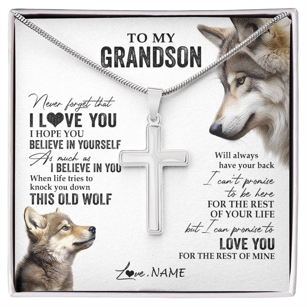 Stainless Cross Necklace Stainless Steel | 1 | Personalized To My Grandson Necklace From Grandma Papa This Old Wolf Love You Grandson Birthday Graduation Christmas Customized Gift Box Message Card | siriusteestore