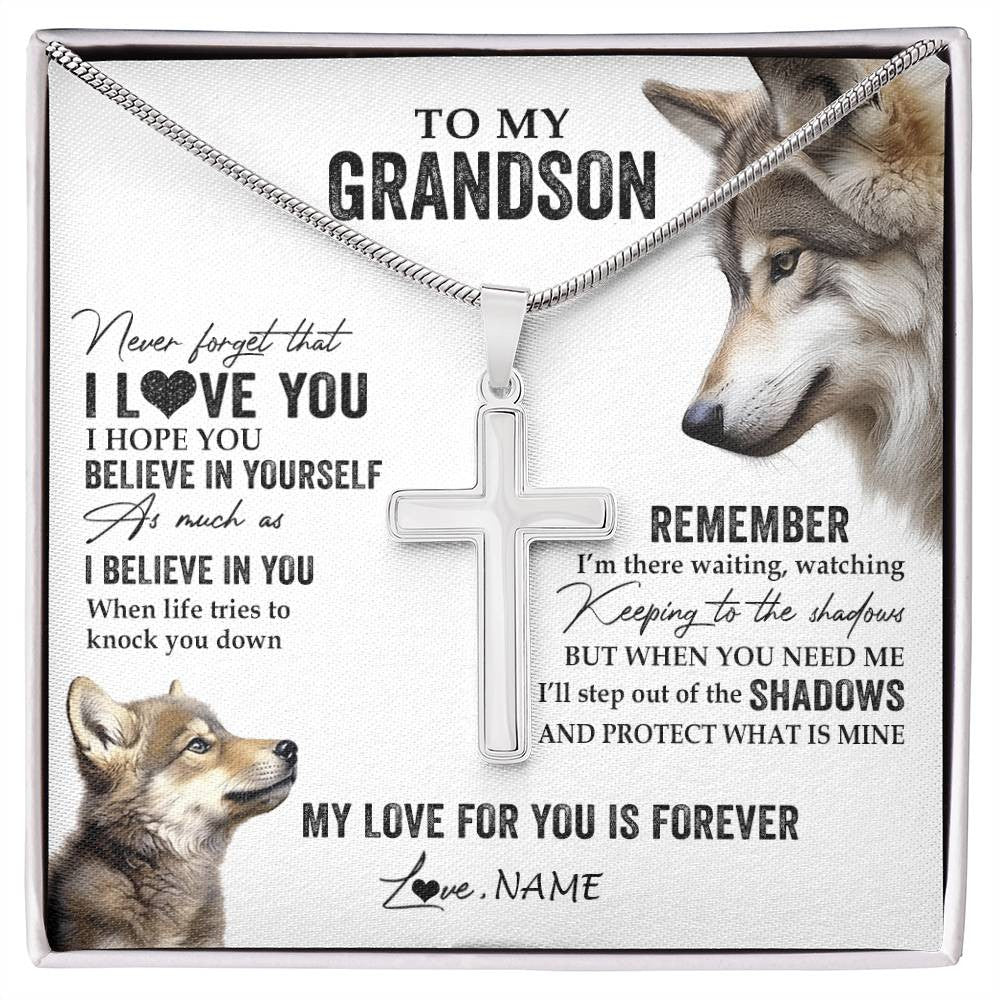 Stainless Cross Necklace Stainless Steel | 1 | Personalized To My Grandson Necklace From Grandma Papa Wolf My Love For You Is Forever Grandson Birthday Graduation Christmas Customized Gift Box Message Card | siriusteestore