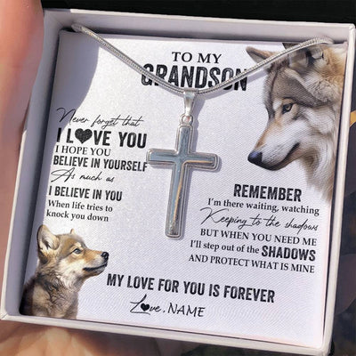 Stainless Cross Necklace Stainless Steel | 2 | Personalized To My Grandson Necklace From Grandma Papa Wolf My Love For You Is Forever Grandson Birthday Graduation Christmas Customized Gift Box Message Card | siriusteestore