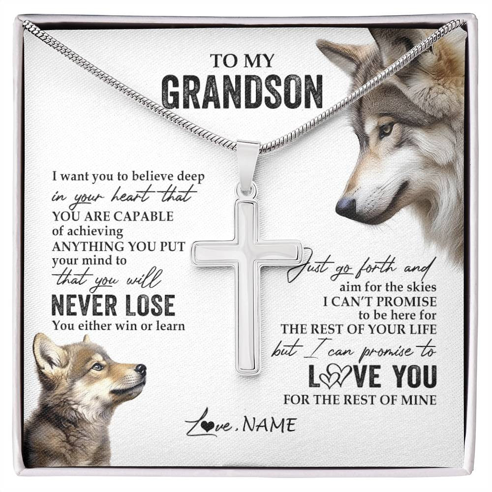 Stainless Cross Necklace Stainless Steel | 1 | Personalized To My Grandson Necklace From Grandma Papa You Will Never Lose Wolf Grandson Birthday Graduation Christmas Customized Gift Box Message Card | siriusteestore