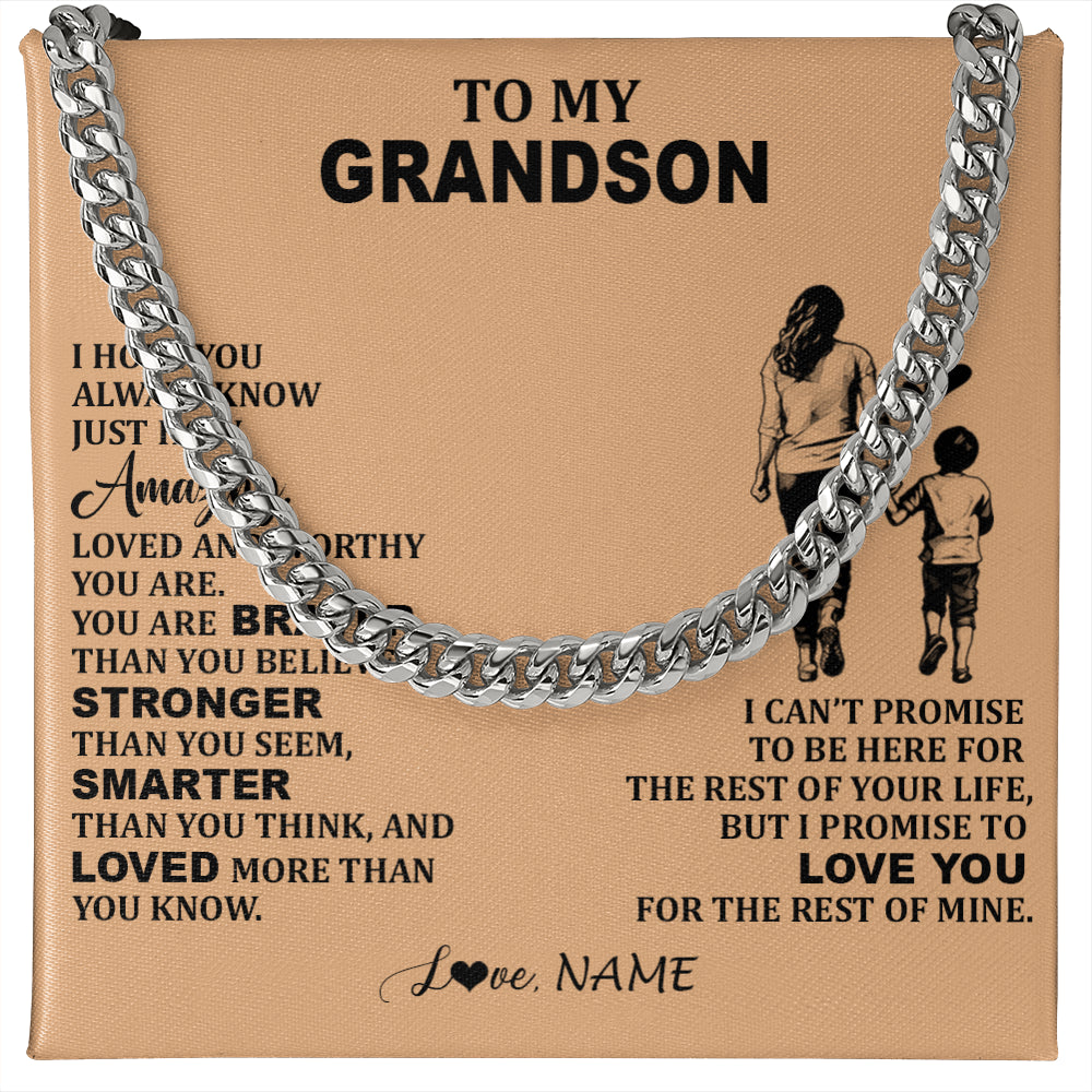 Cuban Link Chain Necklace Stainless Steel | 1 | Personalized To My Grandson Necklace From Grandma Promise To Love You Grandson Birthday Gifts Graduation Christmas Customized Gift Box Message Card | siriusteestore