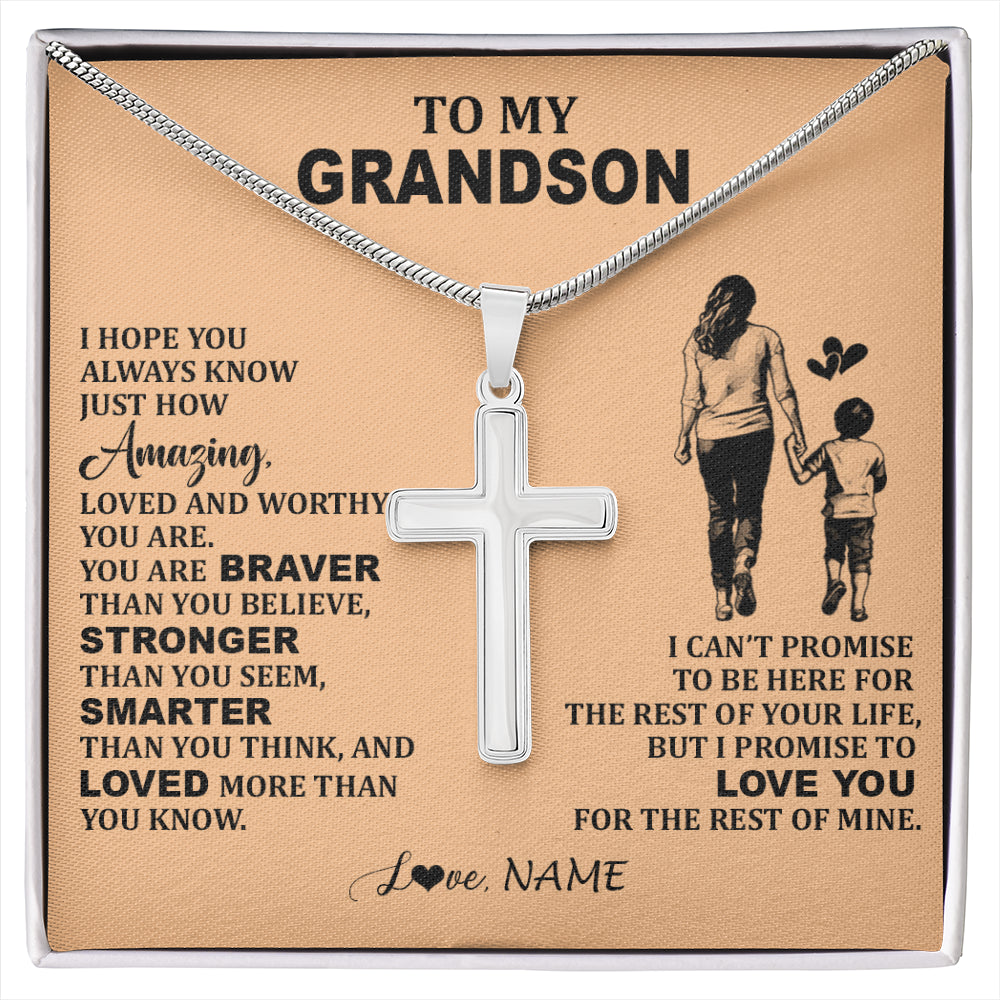 Stainless Cross Necklace Stainless Steel | 1 | Personalized To My Grandson Necklace From Grandma Promise To Love You Grandson Birthday Gifts Graduation Christmas Customized Gift Box Message Card | siriusteestore