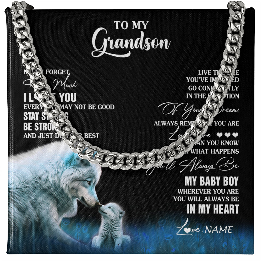 Cuban Link Chain Necklace Stainless Steel | 1 | Personalized To My Grandson Necklace From Grandma Wolf Never Forget How Much I Love You Grandson Birthday Gifts Christmas Customized Gift Box Message Card | siriusteestore