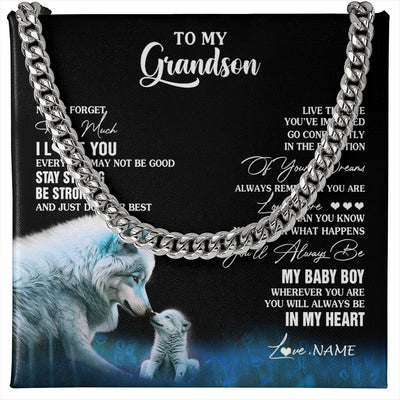 Cuban Link Chain Necklace Stainless Steel | 1 | Personalized To My Grandson Necklace From Grandma Wolf Never Forget How Much I Love You Grandson Birthday Gifts Christmas Customized Gift Box Message Card | siriusteestore