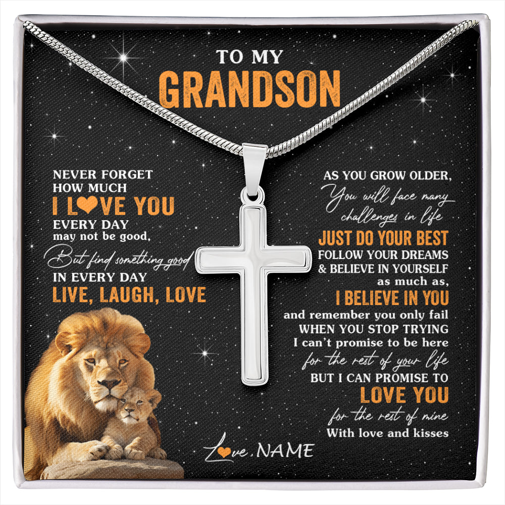 Stainless Cross Necklace Stainless Steel | 1 | Personalized To My Grandson Necklace From Grandpa Live Laugh Love Lion Grandson Birthday Gifts Positive Graduation Christmas Customized Gift Box Message Card | siriusteestore