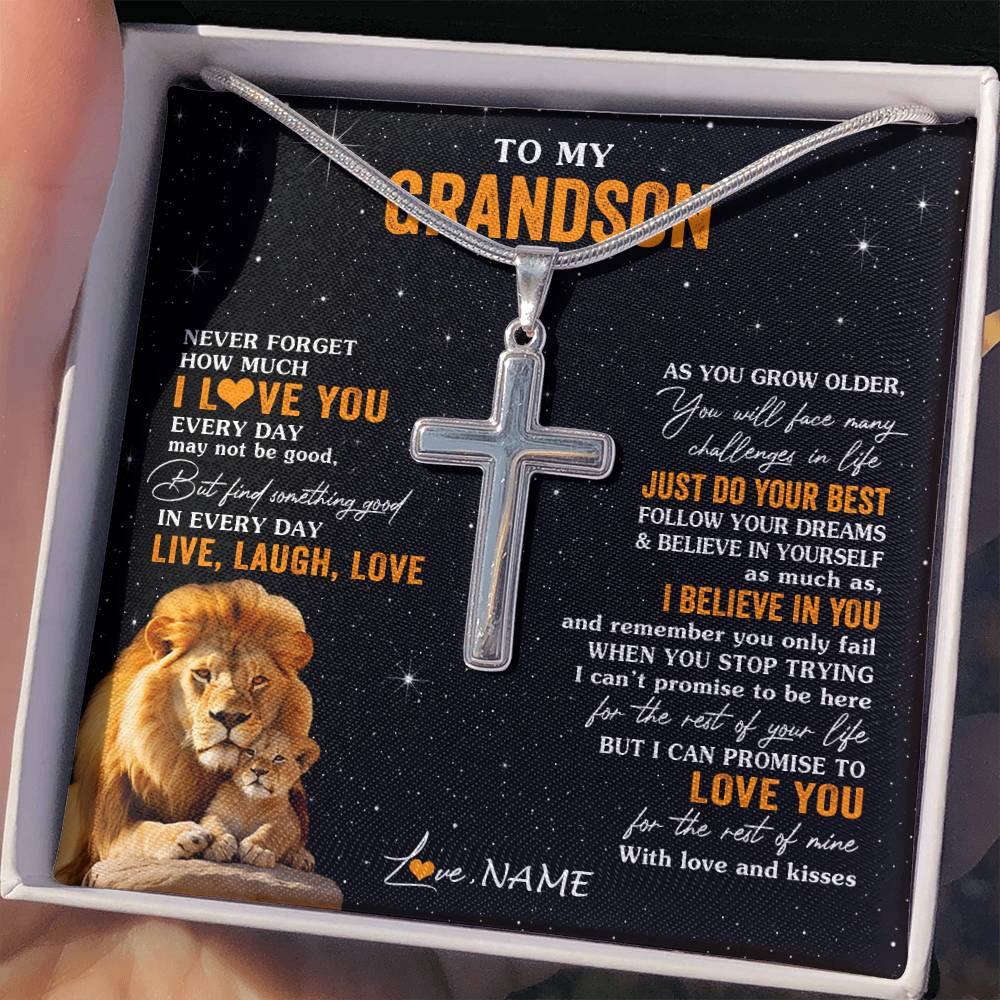 Stainless Cross Necklace Stainless Steel | 2 | Personalized To My Grandson Necklace From Grandpa Live Laugh Love Lion Grandson Birthday Gifts Positive Graduation Christmas Customized Gift Box Message Card | siriusteestore