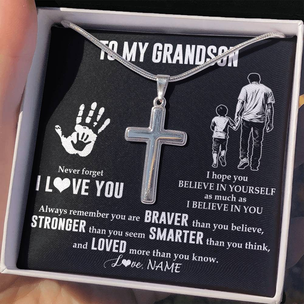 Stainless Cross Necklace Stainless Steel | 2 | Personalized To My Grandson Necklace From Grandpa Never Forget I Love You Grandson Birthday Gifts Christmas Graduation Customized Gift Box Message Card | siriusteestore