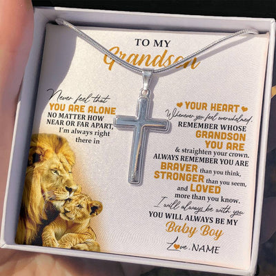Stainless Cross Necklace Stainless Steel | 2 | Personalized To My Grandson Necklace From Grandpa Papa Lion Never Feel That You Are Alone Great Grandson Birthday Christmas Customized Gift Box Message Card | siriusteestore