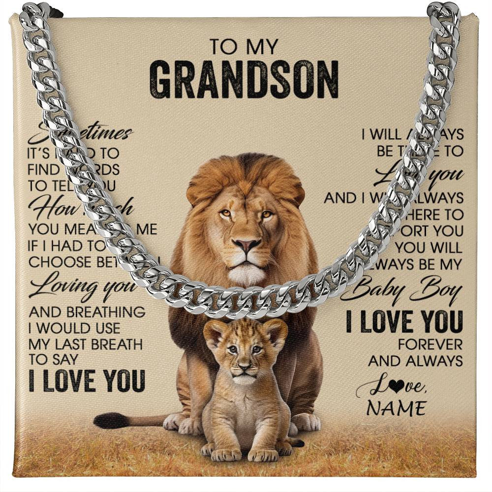 Cuban Link Chain Necklace Stainless Steel | 1 | Personalized To My Grandson Necklace From Grandpa Papa Sometimes It's Hard Lion Grandson Gift Birthday Jewelry Christmas Customized Gift Box Message Card | siriusteestore