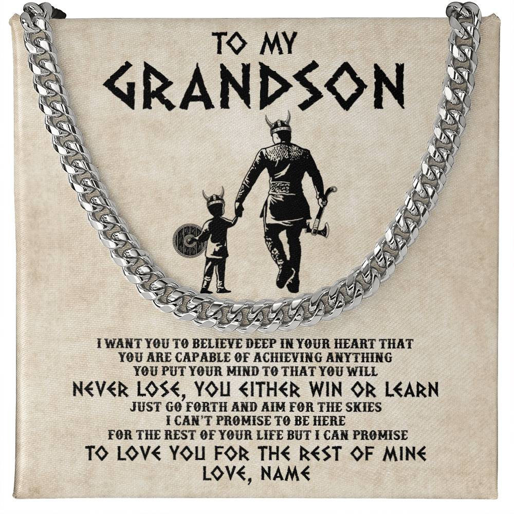 Cuban Link Chain Necklace Stainless Steel | 1 | Personalized To My Grandson Necklace From Grandpa Papa You Will Never Lose Viking Granson Birthday Graduation Christmas Customized Gift Box Message Card | siriusteestore