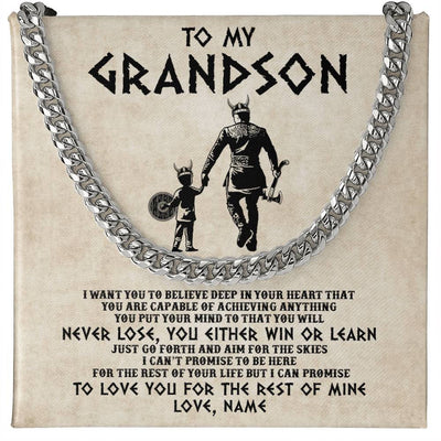 Cuban Link Chain Necklace Stainless Steel | 1 | Personalized To My Grandson Necklace From Grandpa Papa You Will Never Lose Viking Granson Birthday Graduation Christmas Customized Gift Box Message Card | siriusteestore