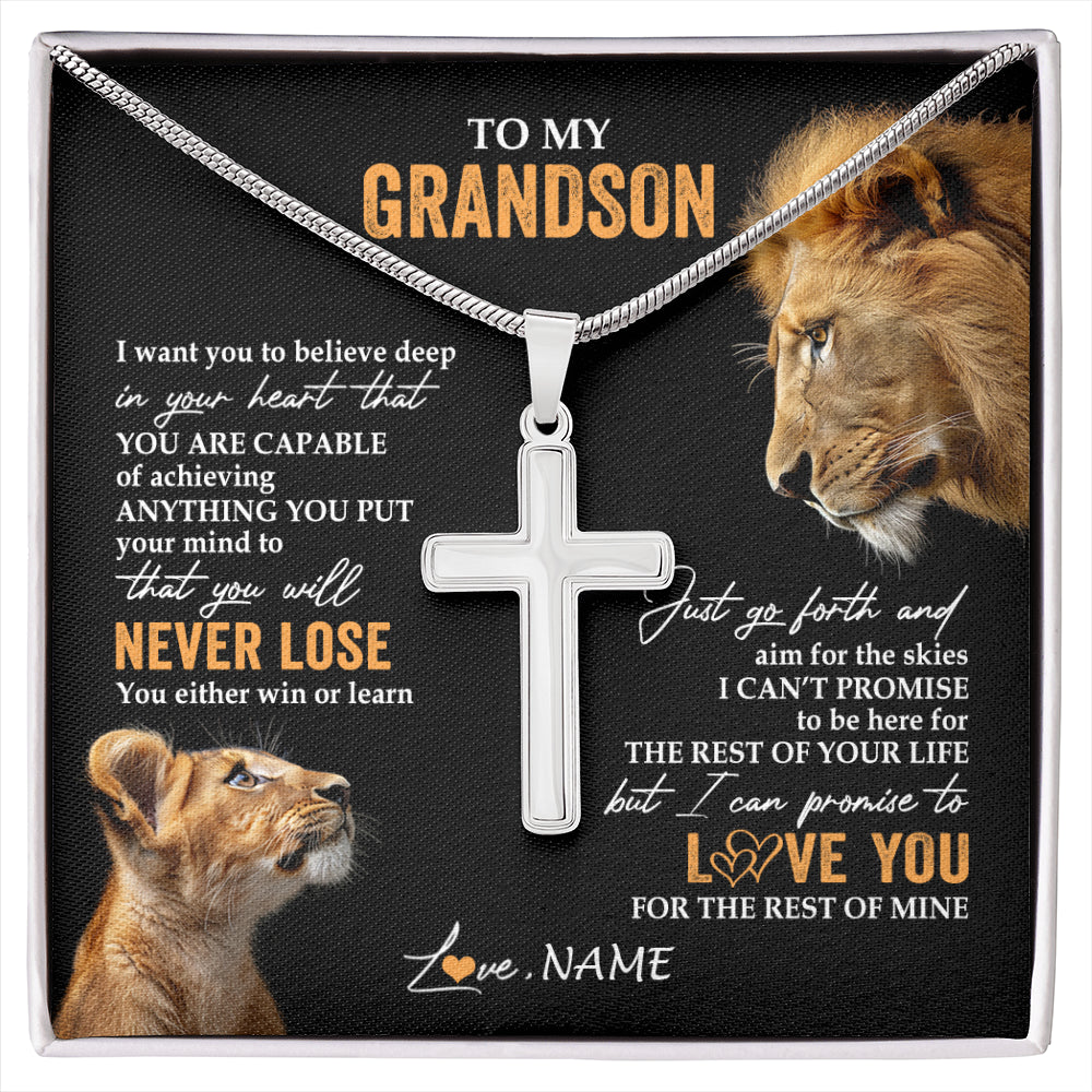 Stainless Cross Necklace Stainless Steel | 1 | Personalized To My Grandson Necklace From Papa Grandpa You Will Never Lose Lion Grandson Birthday Gifts Graduation Christmas Customized Gift Box Message Card | siriusteestore