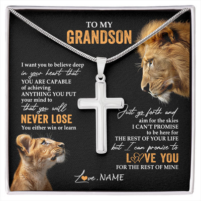 Stainless Cross Necklace Stainless Steel | 1 | Personalized To My Grandson Necklace From Papa Grandpa You Will Never Lose Lion Grandson Birthday Gifts Graduation Christmas Customized Gift Box Message Card | siriusteestore