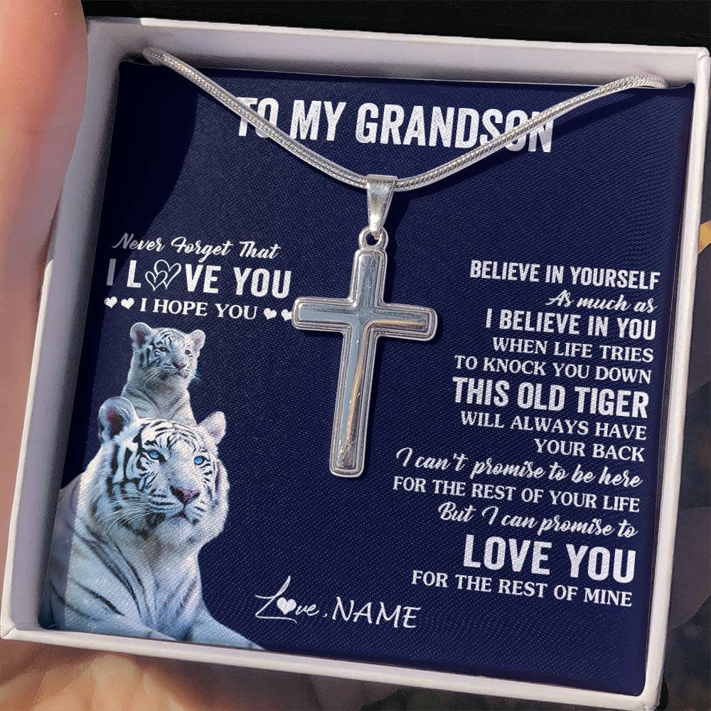 Stainless Cross Necklace Stainless Steel | 2 | Personalized To My Grandson Necklace Gift From Grandma Papa This Old Tiger Love You Grandson Birthday Graduation Christmas Customized Gift Box Message Card | siriusteestore