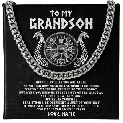 Cuban Link Chain Necklace Stainless Steel | 1 | Personalized To My Grandson Necklace Viking Never Feel You Are Alone Odin Scandinavian Norse Runes Grandson Birthday Christmas Customized Gift Box Message Card | siriusteestore