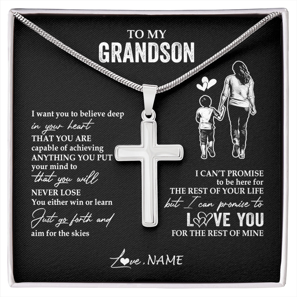 Stainless Cross Necklace Stainless Steel | 1 | Personalized To My Grandson Necklace You Will Never Lose From Grandma Gigi Grandson Birthday Gifts Graduation Christmas Customized Gift Box Message Card | siriusteestore