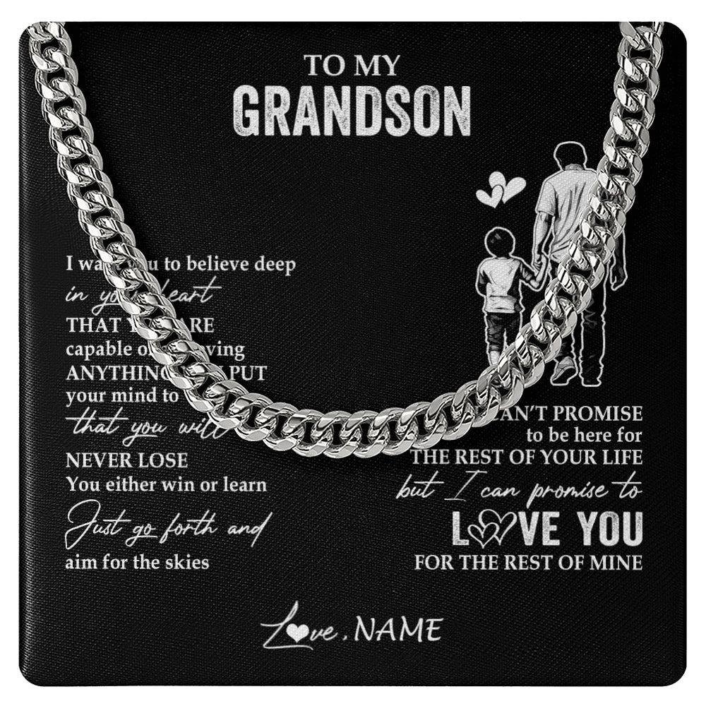Cuban Link Chain Necklace Stainless Steel | 1 | Personalized To My Grandson Necklace You Will Never Lose From Papa Grandpa Grandson Birthday Gifts Graduation Christmas Customized Gift Box Message Card | siriusteestore