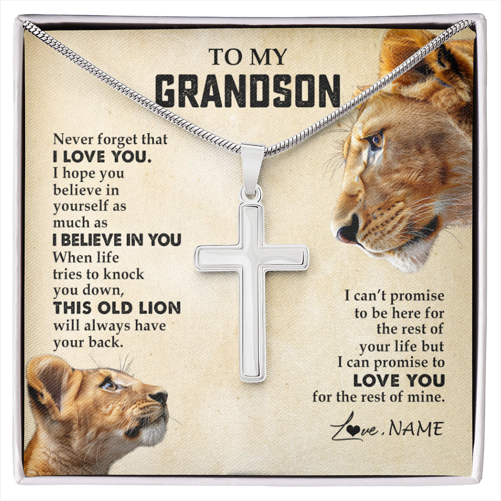 Stainless Cross Necklace Stainless Steel | 1 | Personalized To My Grandson Necklace from Grandma Nana Never Forget I Love You Lion Grandson Birthday Graduation Christmas Customized Gift Box Message Card | siriusteestore