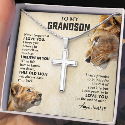 Stainless Cross Necklace Stainless Steel | 2 | Personalized To My Grandson Necklace from Grandma Nana Never Forget I Love You Lion Grandson Birthday Graduation Christmas Customized Gift Box Message Card | siriusteestore