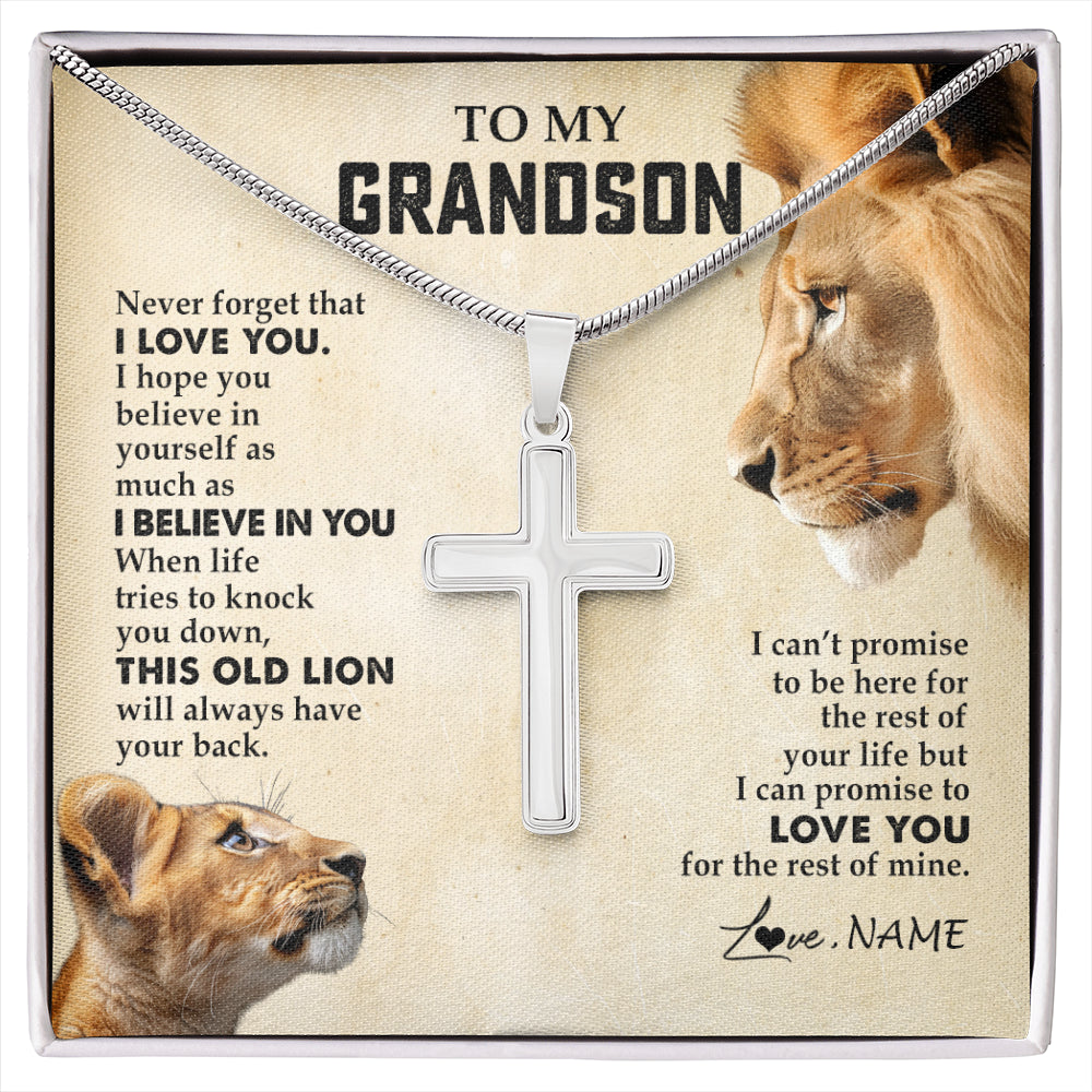 Stainless Cross Necklace Stainless Steel | 1 | Personalized To My Grandson Necklace from Grandpa Papa Never Forget I Love You Lion Grandson Birthday Graduation Christmas Customized Gift Box Message Card | siriusteestore