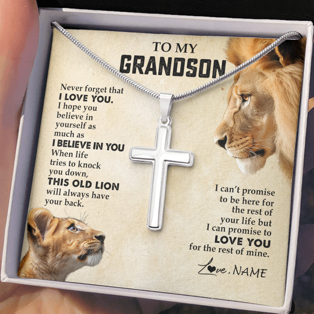 Stainless Cross Necklace Stainless Steel | 2 | Personalized To My Grandson Necklace from Grandpa Papa Never Forget I Love You Lion Grandson Birthday Graduation Christmas Customized Gift Box Message Card | siriusteestore