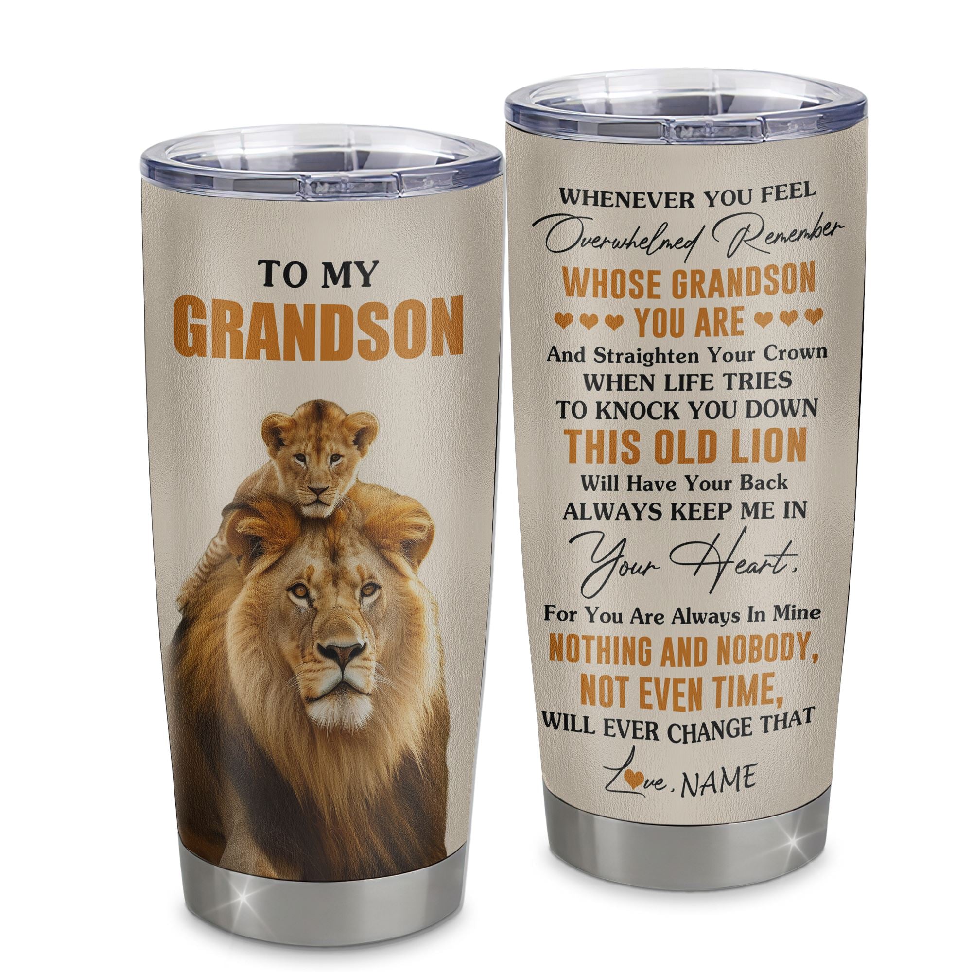 Personalized To My Grandson Tumbler Cup From Grandpa Papa Whenever You Fell Overwhelmed Lion Grandson Birthday Gifts Graduation Christmas Custom Travel Mug | siriusteestore