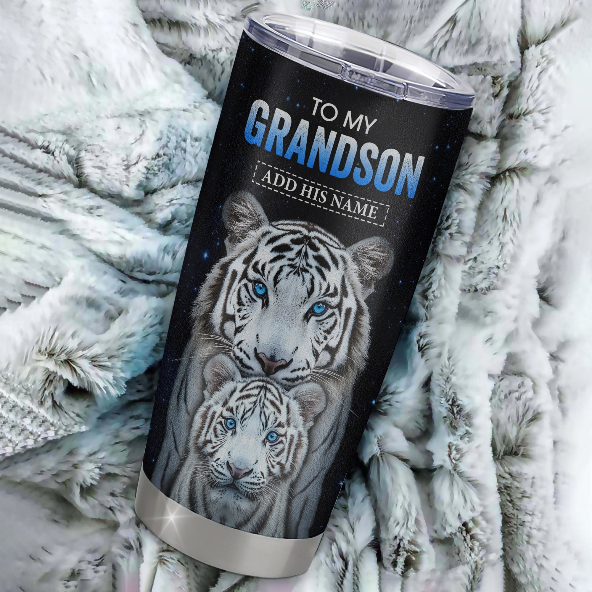 Personalized To My Grandson Tumbler From Grandma Grandpa I Close My Eyes White Tiger Grandson Birthday Gifts Graduation Christmas Sentimental Gift Stainless Mug | siriusteestore