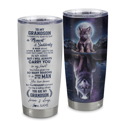 Personalized To My Grandson Tumbler From Grandma Grandpa Stainless Steel Cup I Close My Eyes Wolf Grandson Birthday Gifts Graduation Christmas Custom Travel Mug | siriusteestore
