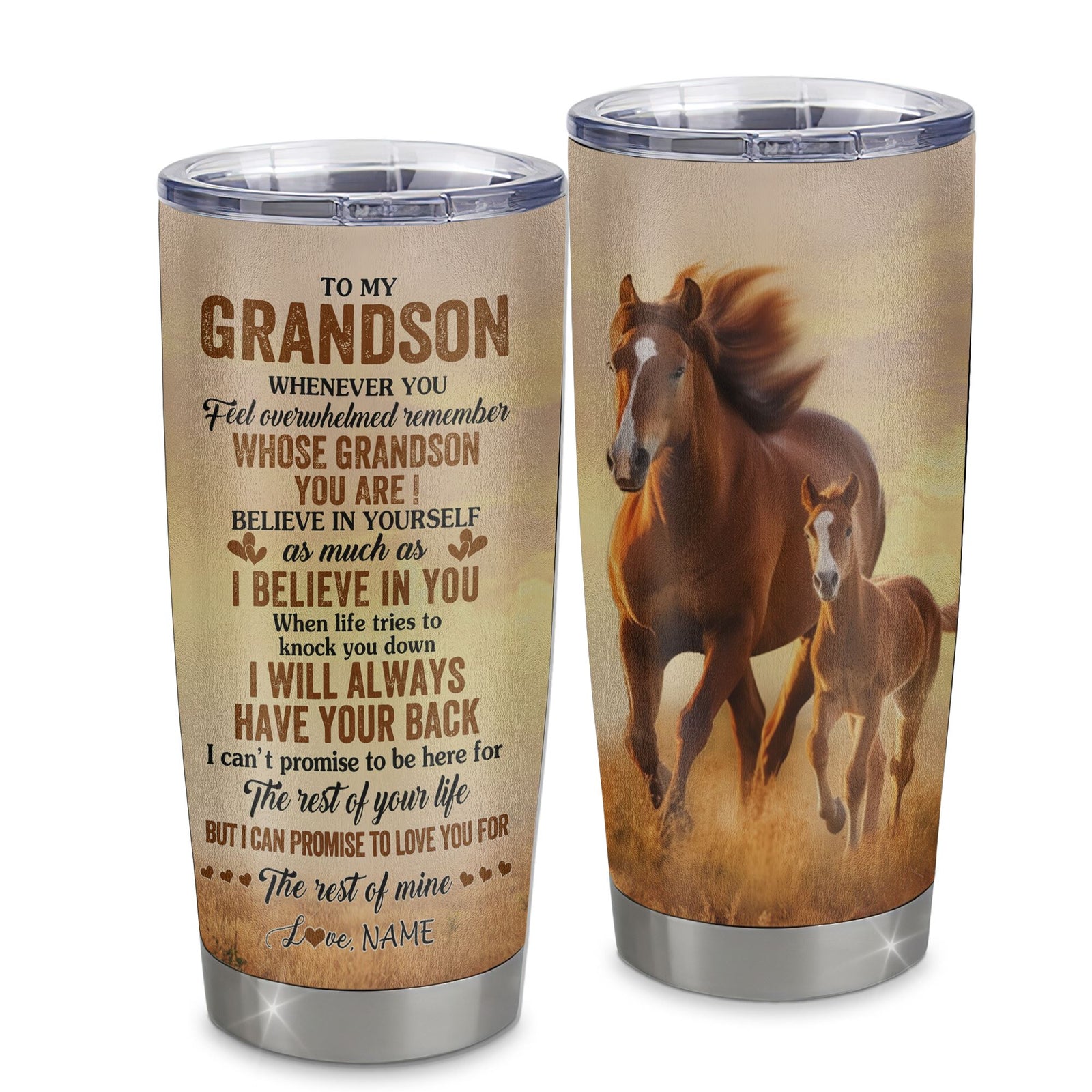 Personalized To My Grandson Tumbler From Grandma Grandpa Stainless Steel Cup Whenever You Feel Horse Grandson Birthday Gifts Graduation Christmas Custom Travel Mug | siriusteestore