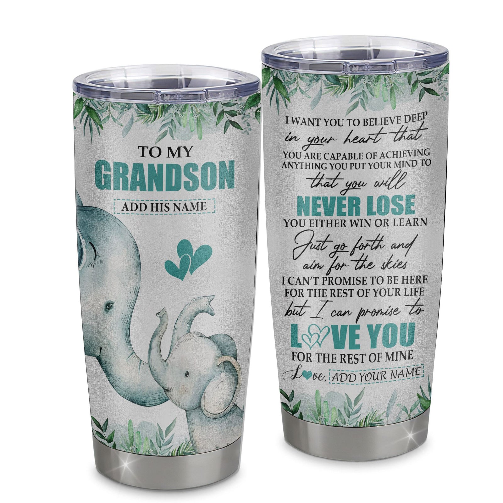 Personalized To My Grandson Tumbler From Grandma Grandpa You Will Never Lose Elephant Grandson Birthday Gifts Graduation Christmas Custom Stainless Steel Cup Travel Mug | siriusteestore