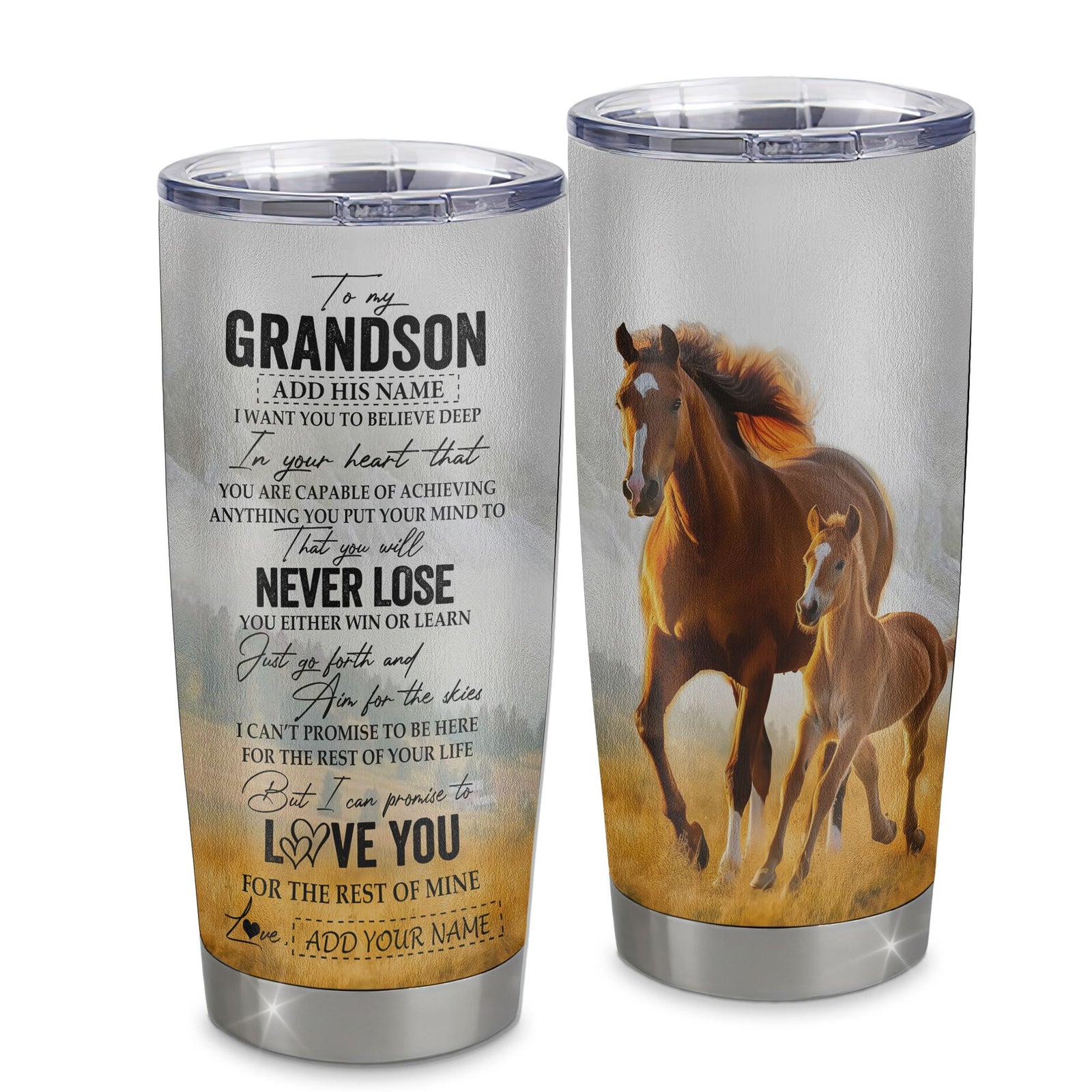 Personalized To My Grandson Tumbler From Grandma Grandpa You Will Never Lose Horse Grandson Birthday Gifts Graduation Christmas Custom Stainless Steel Cup Travel Mug | siriusteestore