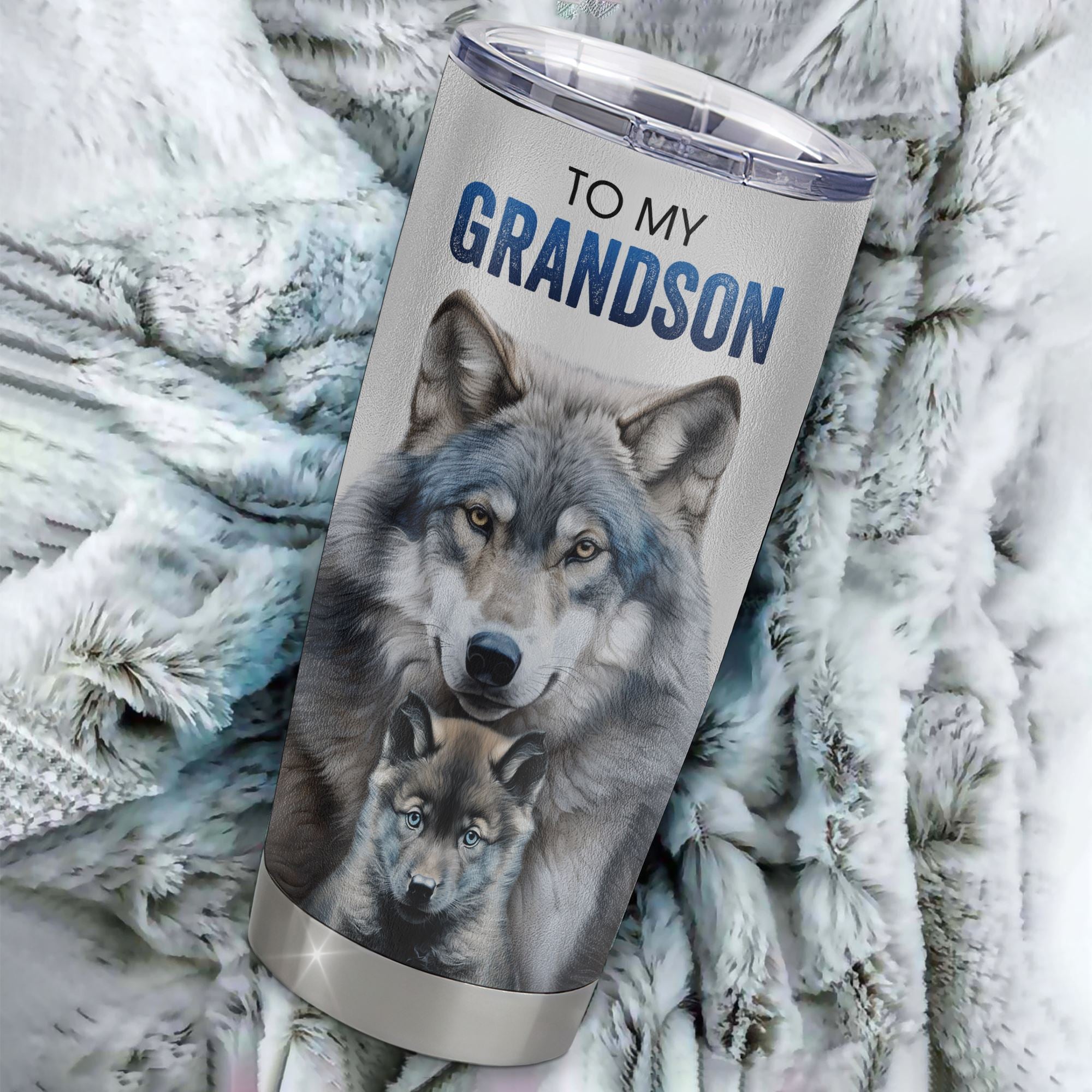 Personalized To My Grandson Tumbler From Grandma Stainless Steel Cup I Close My Eyes For But A Moment Wolf Grandson Birthday Gifts Graduation Christmas Travel Mug | siriusteestore