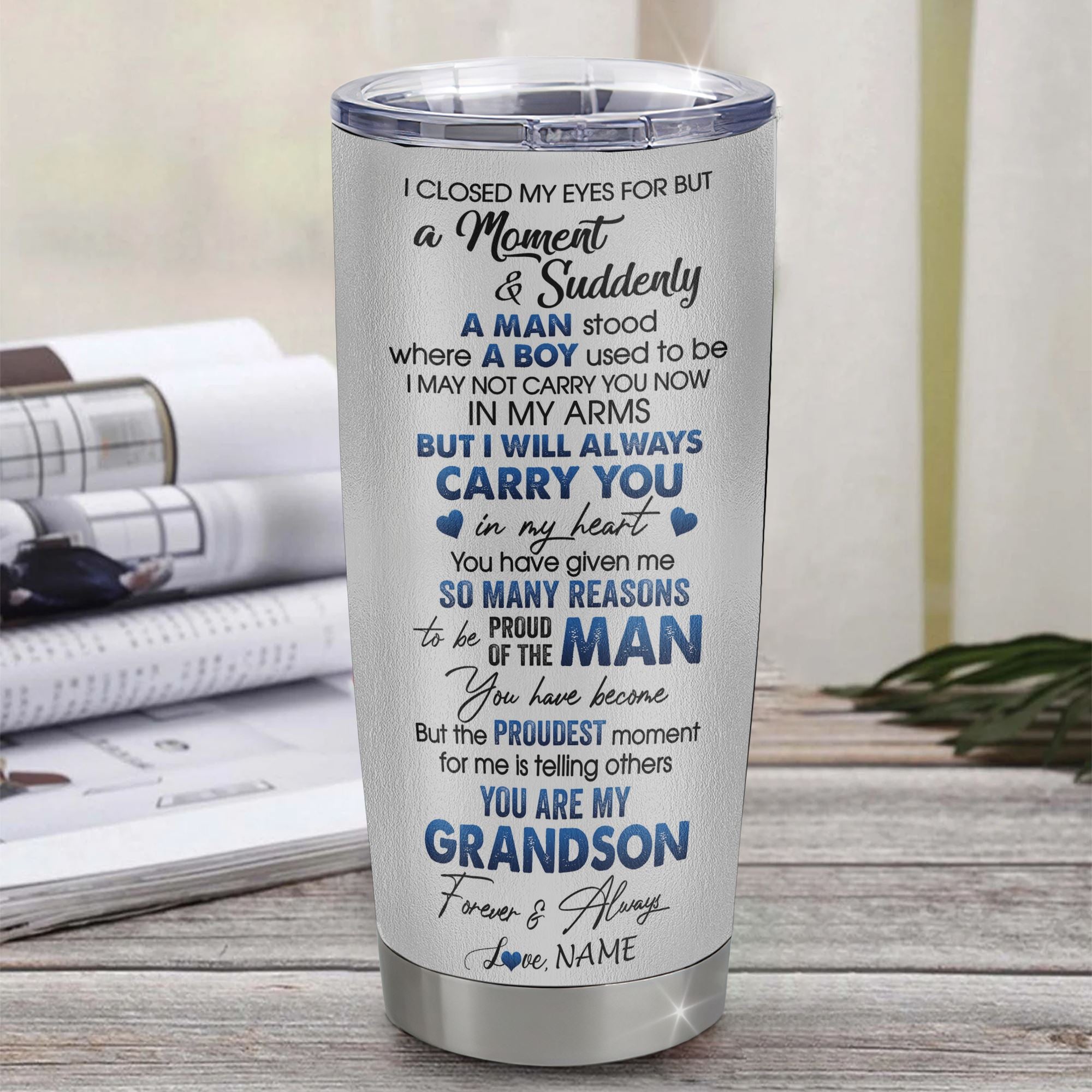 Personalized To My Grandson Tumbler From Grandma Stainless Steel Cup I Close My Eyes For But A Moment Wolf Grandson Birthday Gifts Graduation Christmas Travel Mug | siriusteestore