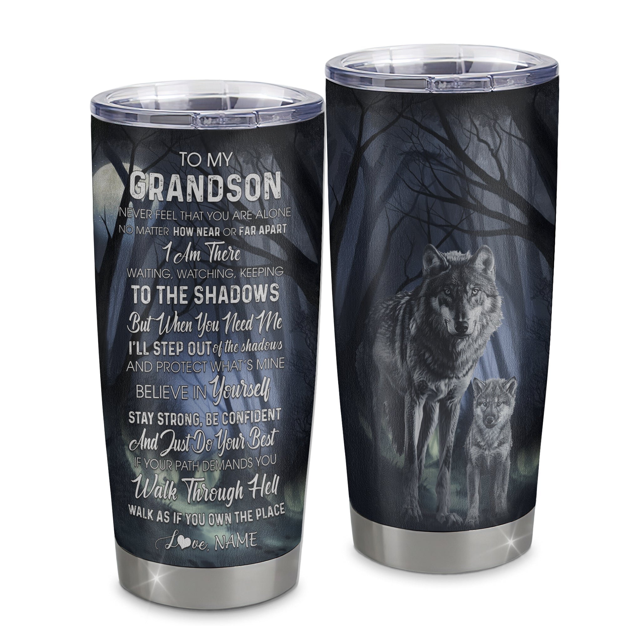 Personalized To My Grandson Tumbler From Grandpa Grandma Stainless Steel Cup Never Feel You Are Alone Wolf Grandson Birthday Graduation Christmas Travel Mug | siriusteestore