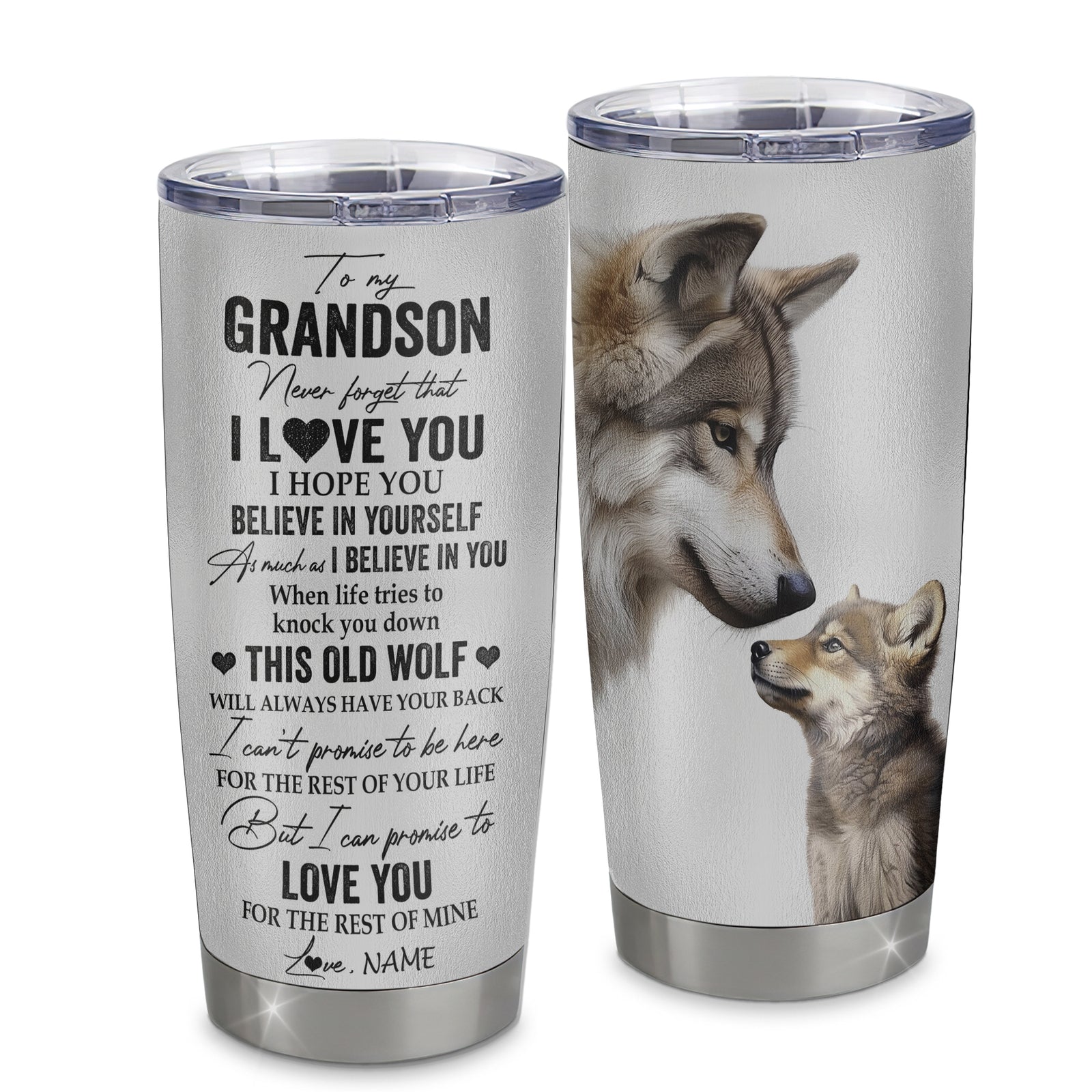 Personalized To My Grandson Tumbler From Grandpa Grandma Stainless Steel Cup This Old Wolf Love You Grandson Birthday Graduation Christmas Travel Mug | siriusteestore