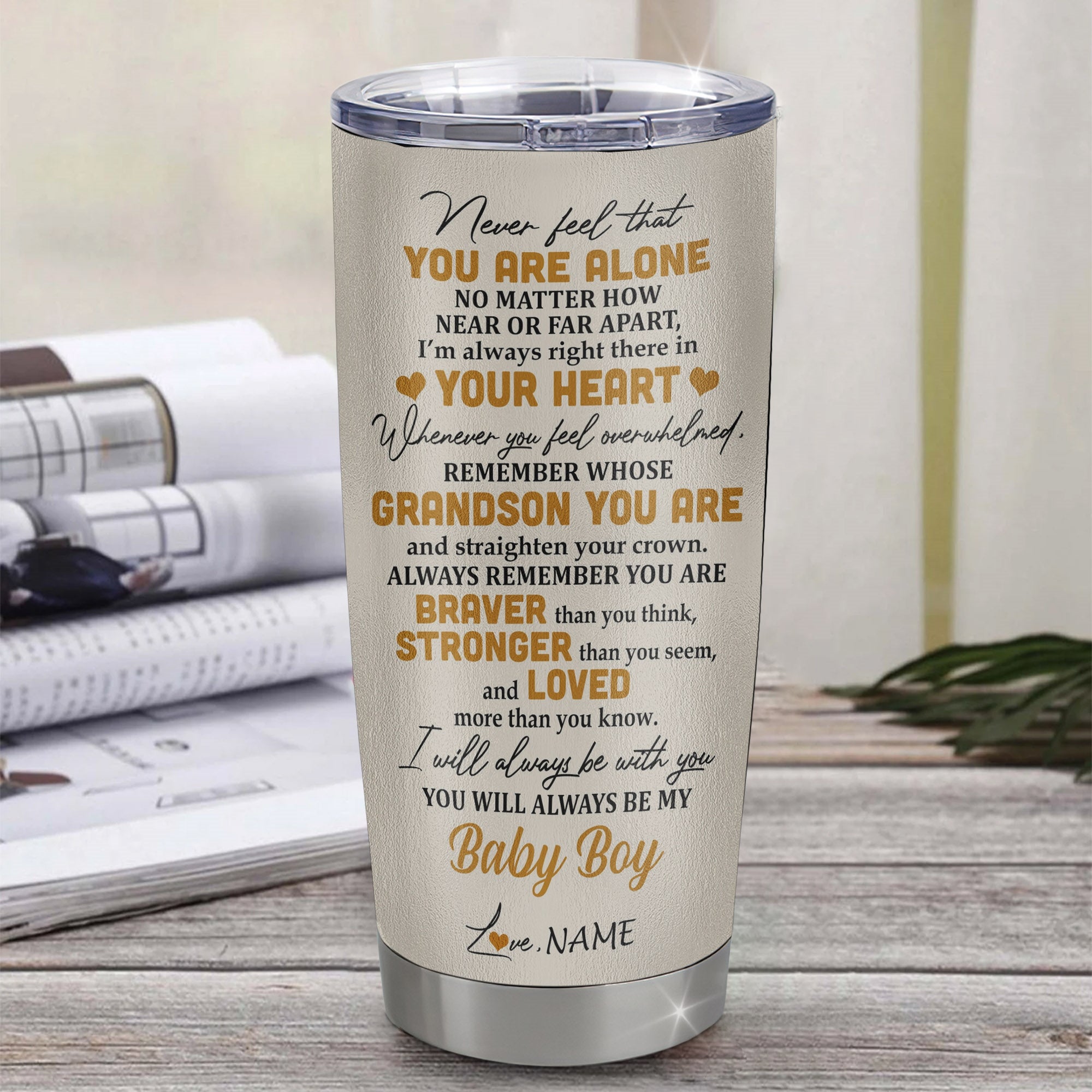 Personalized To My Grandson Tumbler From Grandpa Papa Stainless Steel Cup Lion Never Feel That You Are Alone Great Grandson Birthday Christmas Travel Mug | siriusteestore