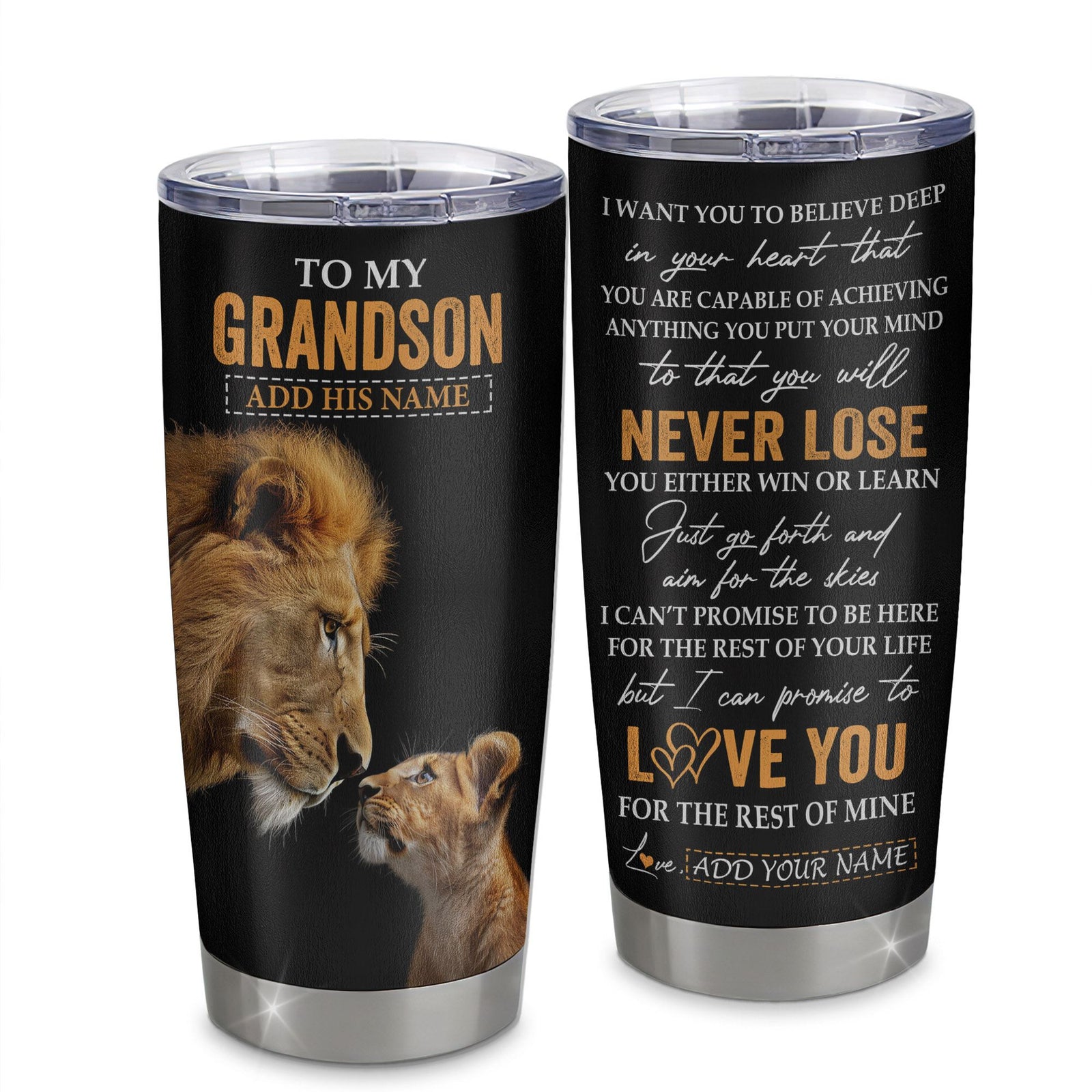 Personalized To My Grandson Tumbler From Papa Grandpa You Will Never Lose Lion Grandson Birthday Gifts Graduation Christmas Custom Stainless Steel Cup Travel Mug | siriusteestore