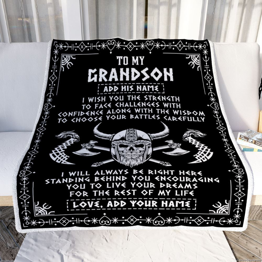 Personalized To My Grandson Viking Blanket From Grandma Grandpa I Wish You The Strength Scandinavian Norse Runes Viking For Men Birthday Gifts Fleece Blanket | siriusteestore