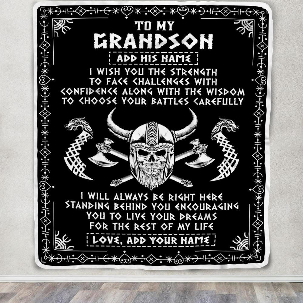 Personalized To My Grandson Viking Blanket From Grandma Grandpa I Wish You The Strength Scandinavian Norse Runes Viking For Men Birthday Gifts Fleece Blanket | siriusteestore