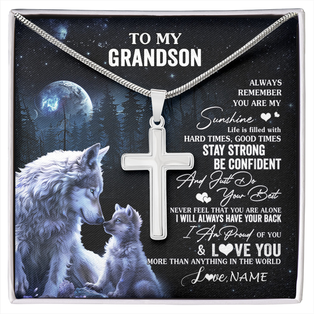 Stainless Cross Necklace Stainless Steel | 1 | Personalized To My Grandson Wolf Necklace From Grandma Papa Always Remember Grandson Birthday Graduation Christmas Customized Gift Box Message Card | siriusteestore