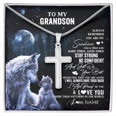 Stainless Cross Necklace Stainless Steel | 1 | Personalized To My Grandson Wolf Necklace From Grandma Papa Always Remember Grandson Birthday Graduation Christmas Customized Gift Box Message Card | siriusteestore