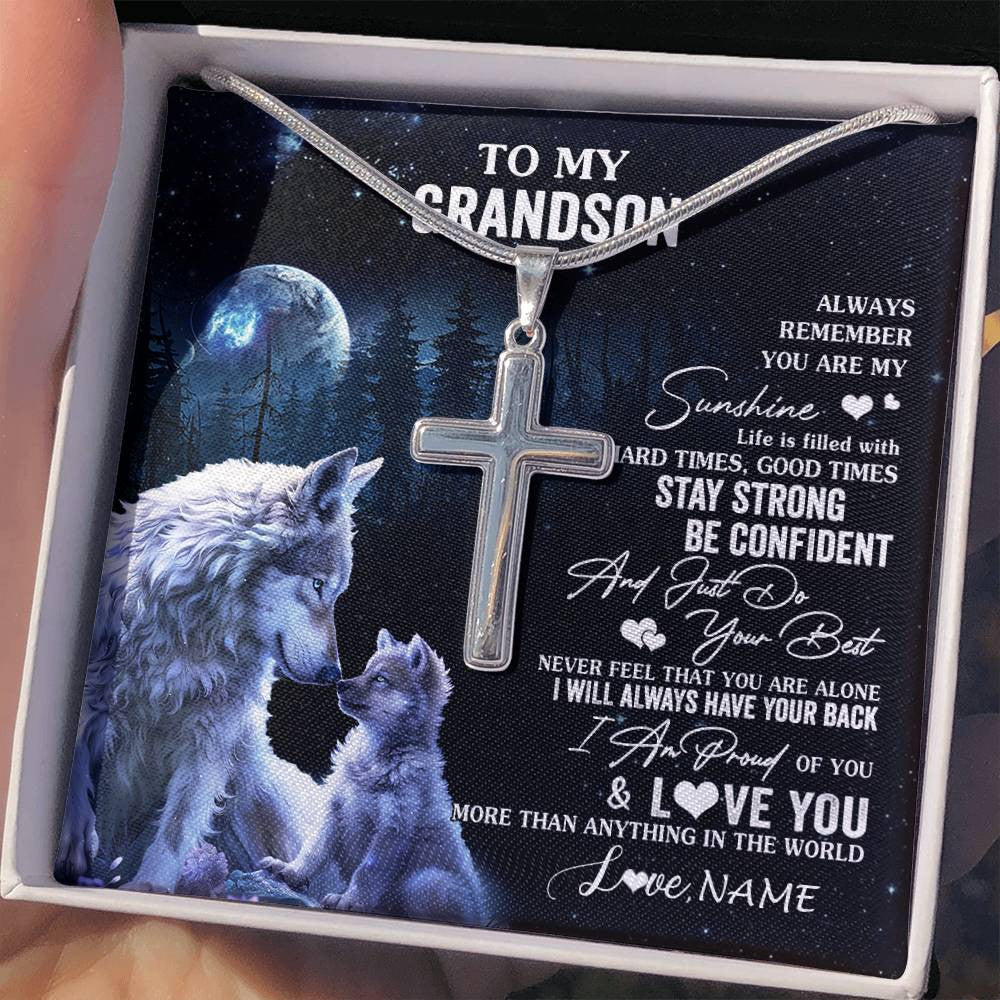 Stainless Cross Necklace Stainless Steel | 2 | Personalized To My Grandson Wolf Necklace From Grandma Papa Always Remember Grandson Birthday Graduation Christmas Customized Gift Box Message Card | siriusteestore