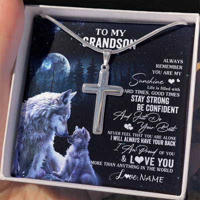 Stainless Cross Necklace Stainless Steel | 2 | Personalized To My Grandson Wolf Necklace From Grandma Papa Always Remember Grandson Birthday Graduation Christmas Customized Gift Box Message Card | siriusteestore