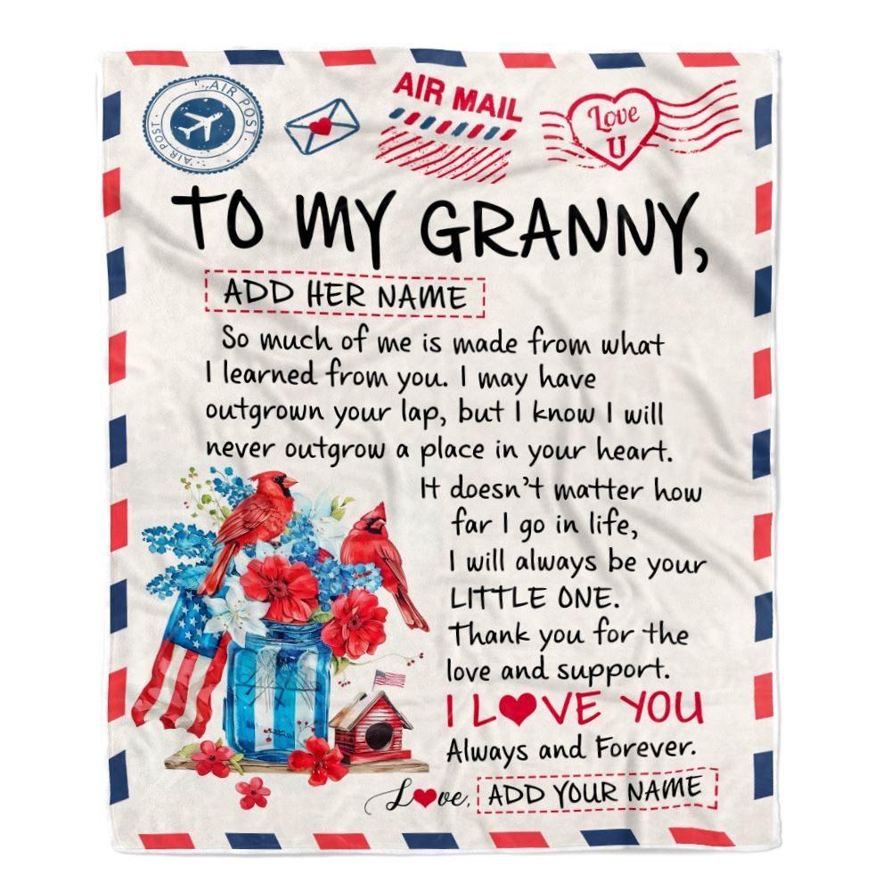 Personalized To My Granny Gifts Blanket From Granddaughter Grandson Cardinal Letter Air Mail Letter Birthday Gifts For Granny Mothers Day Christmas Fleece Blanket | siriusteestore
