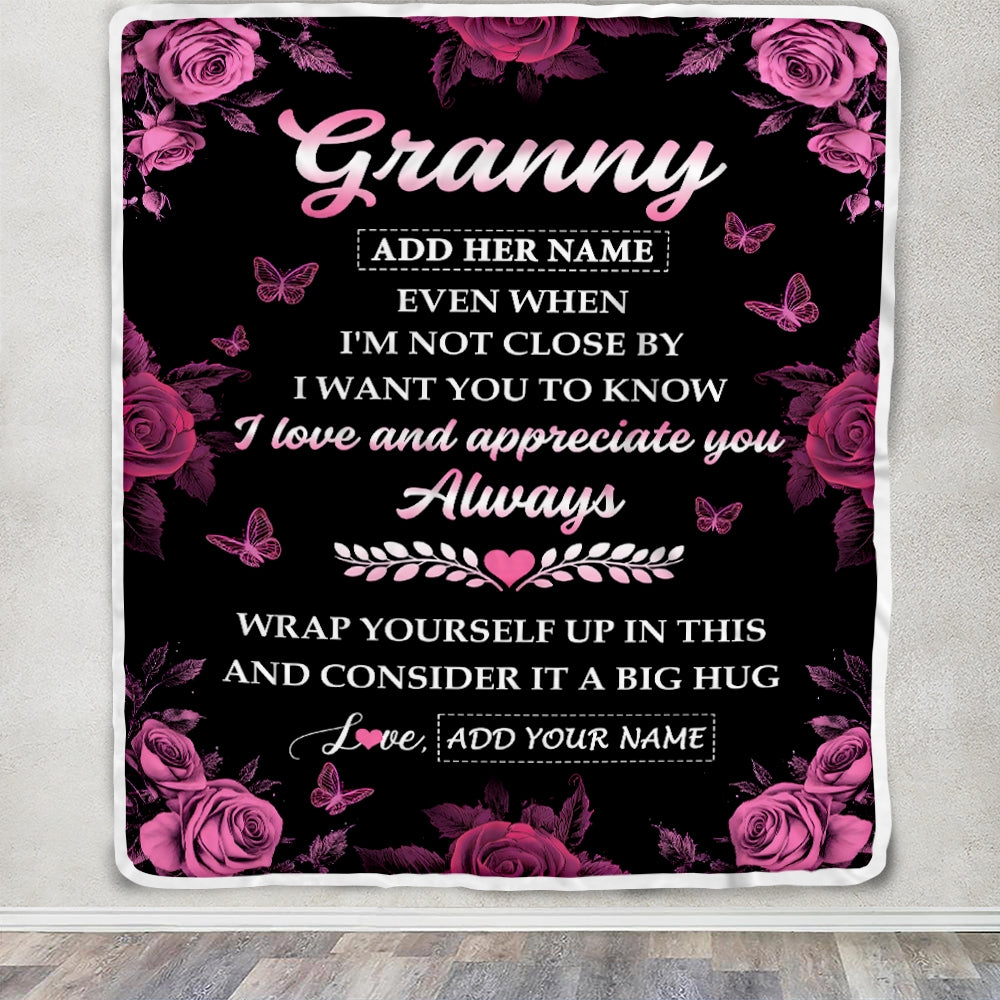 Personalized To My Granny Gifts From Granddaughter Blanket Rose Floral It A Big Hug Birthday Gift Idea For Granny Gifts Christmas Custom Fleece Throw Blanket | siriusteestore