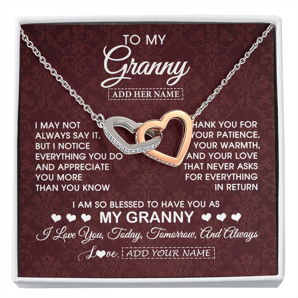 Interlocking Hearts Necklace Stainless Steel & Rose Gold Finish | 1 | Personalized To My Granny Gifts From Granddaughter Necklace Meaningful Jewelry Pendant Gifts For Granny Mothers Day Birthday Christmas Gift Box Message Card | https://siriusteestore.