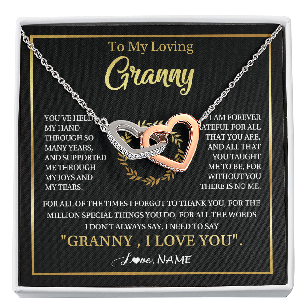 Interlocking Hearts Necklace Stainless Steel & Rose Gold Finish | 1 | Personalized To My Granny Gifts Necklace From Granddaughter GrandsonGrateful Thank You Granny Birthday Mothers Day Jewelry Customized Gift Box Message Card | siriusteestore